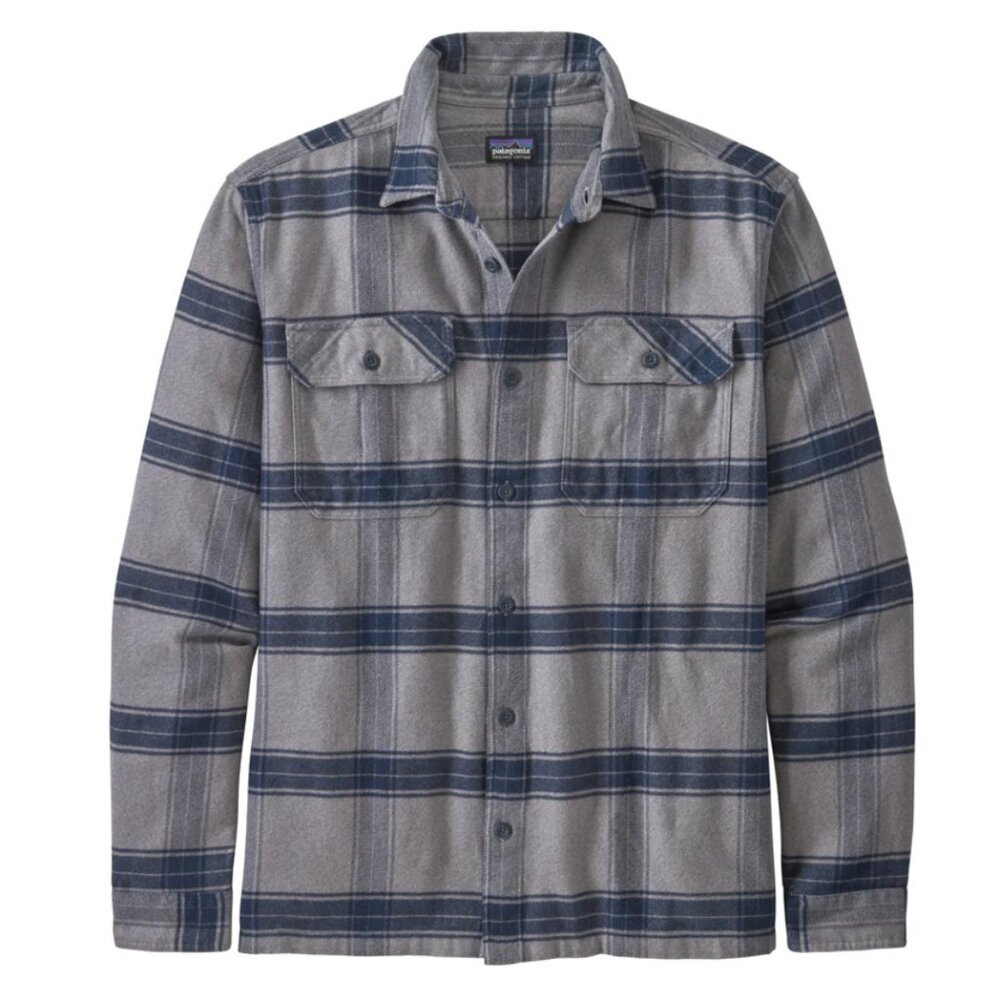 Patagonia Men’s Fjord Flannel‎ Shirt Large Gray Blue Organic Cotton EUC